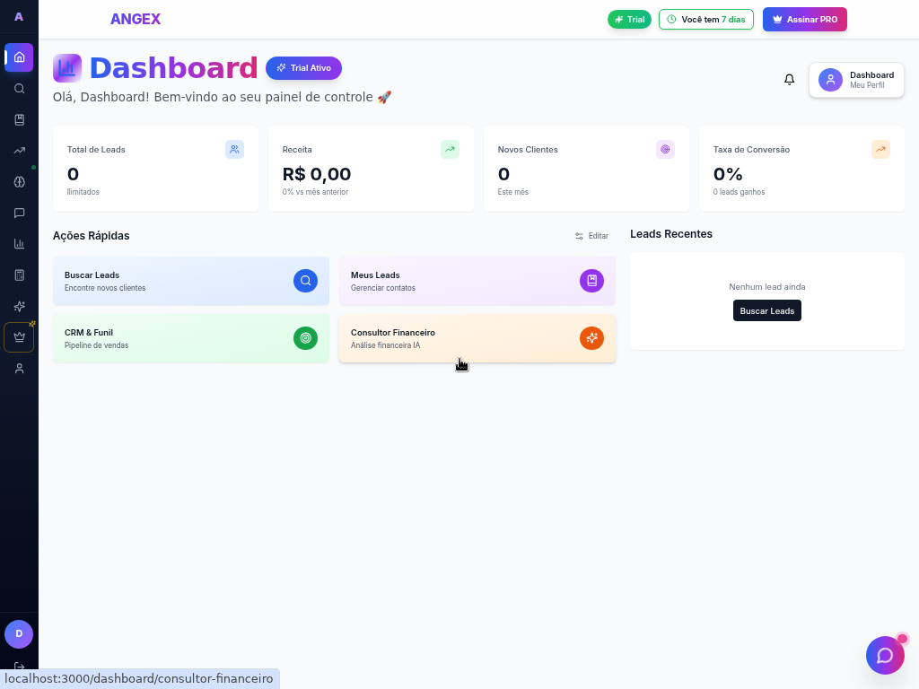 Dashboard ANGEX - Interface real de gerenciamento de leads e finanças